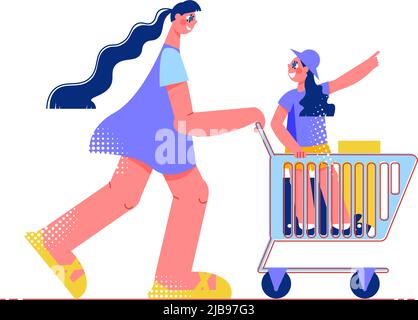 Composition de plat de shopping familial avec femme tirant chariot chariot avec enfant à l'intérieur de l'illustration vectorielle Illustration de Vecteur