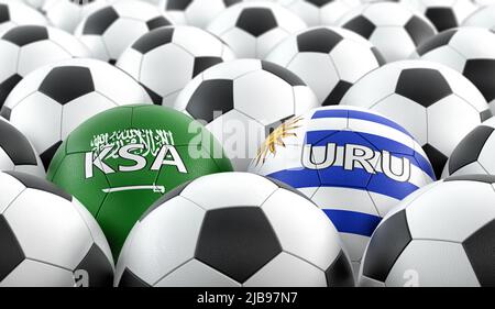 Match de football Uruguay contre Arabie Saoudite - balles de cuir dans les couleurs nationales de l'Uruguay et de l'Arabie Saoudite. 3D rendu Banque D'Images