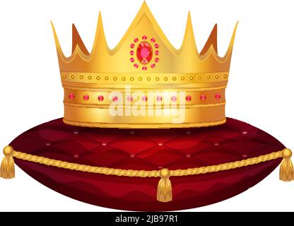 Composition de couronne dorée royale avec image isolée de couronne sur l'illustration vectorielle d'oreiller en velours rouge Illustration de Vecteur