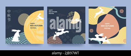 Décor tendance du festival de la mi-automne ensemble d'arrière-plans, cartes de vœux, affiches, couvertures de vacances avec lune, gâteau de lune et lapins mignons. Chinois Illustration de Vecteur