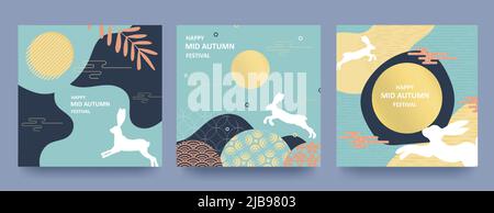 Décor tendance du festival de la mi-automne ensemble d'arrière-plans, cartes de vœux, affiches, couvertures de vacances avec lune, gâteau de lune et lapins mignons. Chinois Illustration de Vecteur