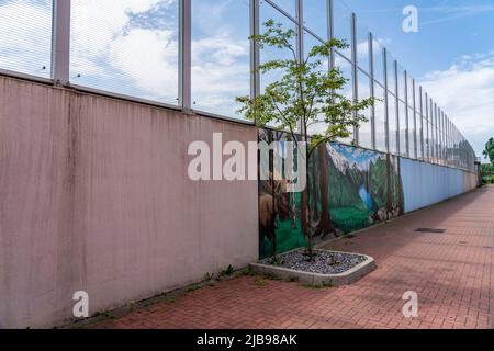 Barrière de bruit sur Hombrucher Straße à Essen-Frillendorf, le long de l'autoroute A40, 250 mètres de long, les résidents d'une maison avaient une photo de lac de montagne pai Banque D'Images