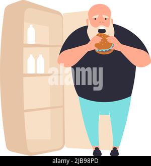 Addiction composition plate avec caractère de gros homme mangeant Burger à côté de réfrigérateur illustration vectorielle Illustration de Vecteur