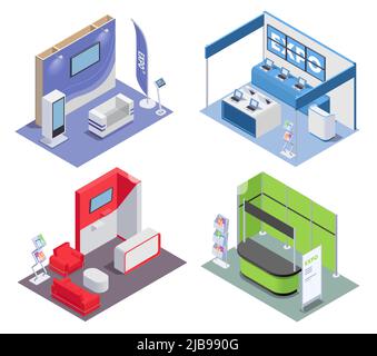 Concept Isométrique 2x2 avec stands vide expo dans les salles pour exposition et promotion 3D illustrations vectorielles isolées Illustration de Vecteur