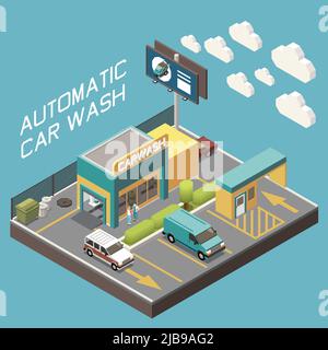 Concept isométrique de 3D lave-auto automatique territoire extérieur et automobiles hors conduite illustration vectorielle Illustration de Vecteur