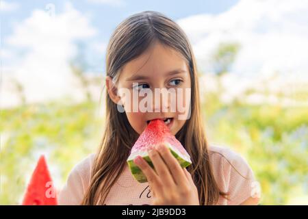 Petite fille avec un morceau de pastèque dans ses mains. Un morceau de melon d'eau rouge mûr dans les mains d'une petite fille sur un fond bleu nature. Banque D'Images