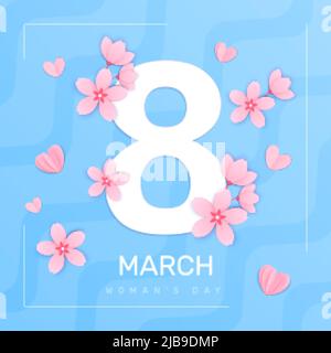 8 mars composition carrée de jour de womans avec cadre abstrait de fond et grand chiffre avec fleurs pétales illustration vectorielle Illustration de Vecteur