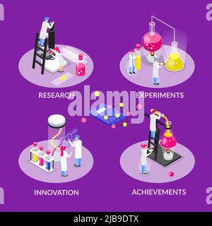 Composition chimique isométrique avec ensemble de compositions rondes avec légendes de texte caractères humains et illustration vectorielle d'équipement de laboratoire Illustration de Vecteur