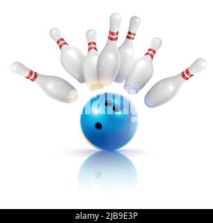 Composition réaliste de bowling avec images de balle de frappe et de épingles volantes avec ombres sur l'illustration vectorielle d'arrière-plan vide Illustration de Vecteur