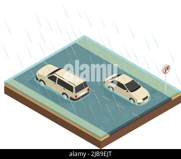 Catastrophes naturelles composition isométrique avec vue des voitures sur route pluvieuse inondée de vecteur d'eau Illustration de Vecteur