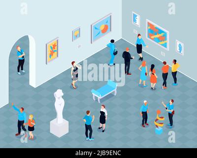 Excursion isométrique musée d'art composition avec vue intérieure de la galerie d'art avec peintures et sculptures illustration vectorielle Illustration de Vecteur