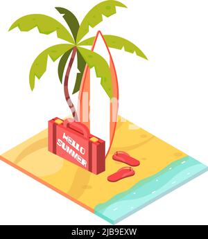 Tropical repos vacances icône isométrique avec des tongs de planche de surf et une valise sur la plage 3D illustration vectorielle Illustration de Vecteur