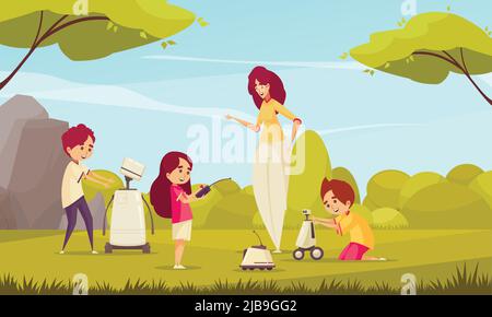 Jouets robotiques pour enfants illustration vectorielle avec des enfants jouant dans la nature avec des robots sous la supervision d'une femme adulte Illustration de Vecteur