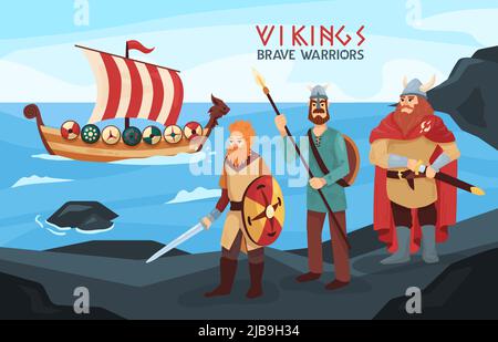 Guerriers viking armés courageux marins sur des rochers noirs en bord de mer avec un voilier prêt pour raid sur une illustration vectorielle d'arrière-plan Illustration de Vecteur