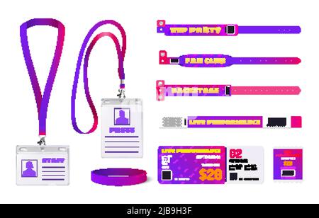 Événements de fête passes billets personnel presse cartes d'identité membres club bracelets fluorescent couleur réaliste ensemble illustration vectorielle Illustration de Vecteur