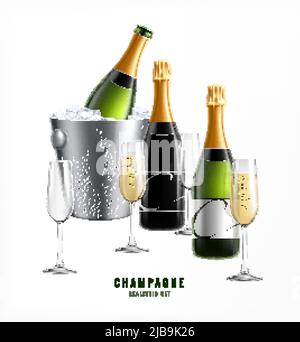 Champagne composition réaliste avec texte et images de lunettes avec seau à glace et bouteilles de champagne de qualité supérieure illustration vectorielle Illustration de Vecteur