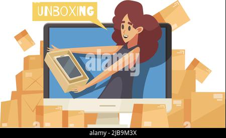 Vidéo Blogger composition avec ordinateur de bureau et le caractère de gadget unboxing femelle Blogger illustration vectorielle Illustration de Vecteur