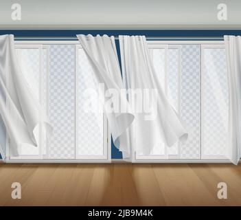 Rideaux à fenêtre ouverte à rideaux transparents avec décor intérieur et fenêtres ouvertes avec vue transparente à l'extérieur de l'illustration vectorielle Illustration de Vecteur