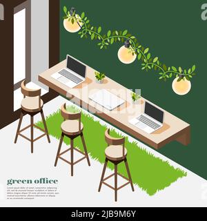 ) Green Office Isométrique fond de couleur Illustration de Vecteur