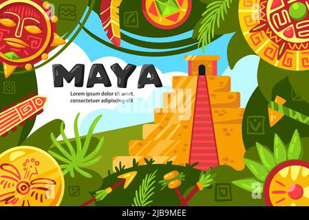 Civilisation maya affiche horizontale avec collage de feuillage tropical antique pyramide et bijoux rond objets illustration vectorielle Illustration de Vecteur