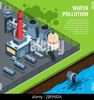 Contexte isométrique de pollution de l'environnement avec texte et vue de l'usine toxique qui dépose les eaux usées dans l'illustration du vecteur de rivière Illustration de Vecteur