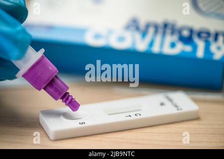 Kit de test d'antigène de salive pour vérifier l'utilisation du coronavirus Covid-19 à la maison. Banque D'Images