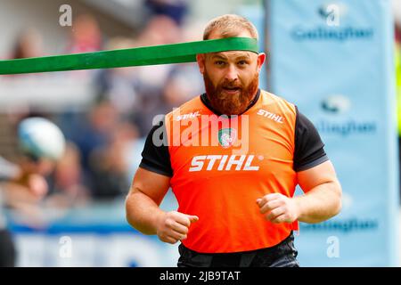 4th juin 2022 ; Mattioli Woods Welford Road Stadium, Leicester, Angleterre ; Gallagher Premiership Rugby, Leicester Tigers versus Wasps ; Tom Cowan-Dickie pendant l'échauffement avant le match Banque D'Images