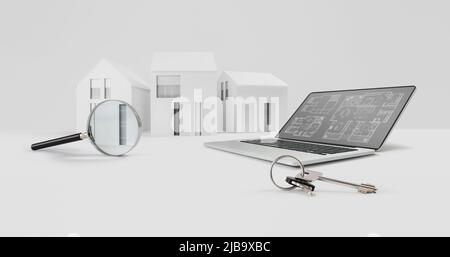 loupe sur le modèle architectural de maisons avec ordinateur portable et clés, mise en page de bannières pour la recherche sur internet à l'achat ou la vente de biens immobiliers en ligne, Banque D'Images
