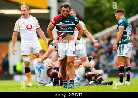 4th juin 2022 ; Mattioli Woods Welford Road Stadium, Leicester, Angleterre ; Gallagher Premiership Rugby, Leicester Tigers versus Wasps ; Ellis Genge of Leicester Tigers Banque D'Images