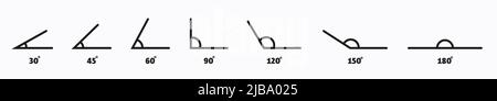 Ensemble d'icônes d'angle de dessin au trait. 180, 150, 120, 90, 60, 45 30, mesure en degrés. Elément de conception géométrique mathématique. Architecte technique vierge. Trigonométrie Illustration de Vecteur
