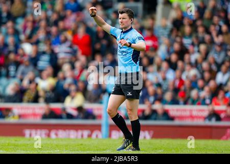 4th juin 2022 ; Mattioli Woods Welford Road Stadium, Leicester, Angleterre ; Gallagher Premiership Rugby, Leicester Tigers versus Wasps ; Referee Craig Maxwell-Keys Banque D'Images