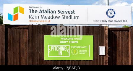 Entrée à l'Atalian Servest RAM Meadow Stadium, stade du Bury Town football Club, RAM Meadow, Cotton Lane, Bury St Edmunds, Suffolk, ROYAUME-UNI Banque D'Images