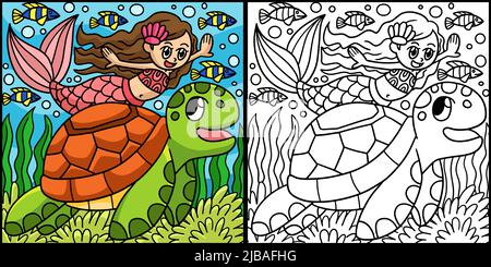 Illustration de la page de coloration de la sirène et de la tortue Illustration de Vecteur