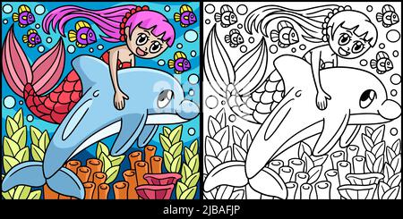 Mermaid Riding dans Une illustration de couleur dauphin Illustration de Vecteur
