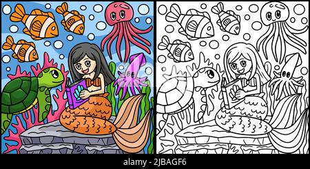 Mermaid lisant Un livre en couleur Illustration Illustration de Vecteur