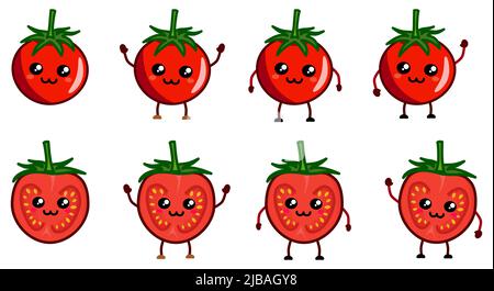 Adorable icône de tomate style kawaii, souriant. Version avec les mains levées, abafonction et ondulation Illustration de Vecteur