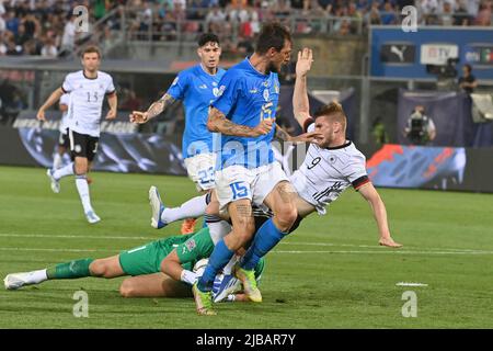 Bologne, Italie. 04th juin 2022. Goalchance Timo WERNER (GER), action, duels contre Francesco ACERBI (ITA) et goalwart Gianluigi DONNARUMMA (ITA), scène de zone de pénalité. Football UEFA Nations League, groupe phase 1.match day Italie (ITA) - Allemagne (GER) 1-1, on 4 juin 2022, Renato Dall `Stade Ara Bologna crédit: dpa/Alay Live News Banque D'Images