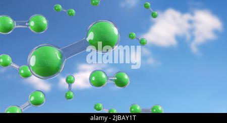 Molécules d'hydrogène vertes flottant dans l'air sur fond bleu. 3d illustration. Banque D'Images