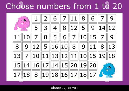 La tâche est de passer par un labyrinthe de nombres de 1 à 20. Exercices éducatifs pour les enfants d'âge préscolaire Banque D'Images