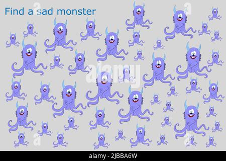 Trouvez le triste monstre parmi les autres. Feuille de travail préscolaire, feuille de travail pour enfants, feuille de travail imprimable Banque D'Images