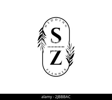 SZ lettre initiale mariage monogramme logos collection, dessin à la main moderne minimaliste et modèles floraux pour cartes d'invitation, Save the Date, élégant Illustration de Vecteur