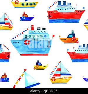 Motif aquarelle sans couture de bateau à vapeur bleu et de bateaux, et navire avec drapeaux. Bouée rouge. Style de dessin animé. Conception pour enfants Banque D'Images