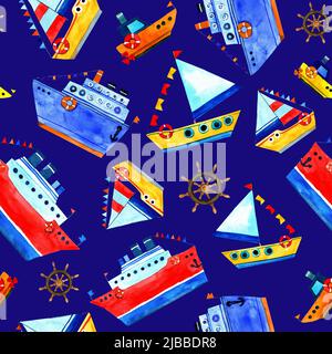 Motif aquarelle sans couture de bateau à vapeur bleu et de bateaux, et navire avec drapeaux. Bouée rouge. Style de dessin animé. Conception pour enfants Banque D'Images