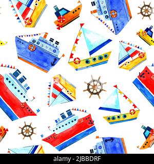 Motif aquarelle sans couture de bateau à vapeur bleu et de bateaux, et navire avec drapeaux. Bouée rouge. Style de dessin animé. Conception pour enfants Banque D'Images