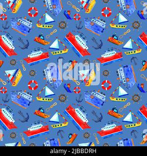 Motif aquarelle sans couture de bateau à vapeur bleu et de bateaux, et navire avec drapeaux. Bouée rouge. Style de dessin animé. Conception pour enfants Banque D'Images