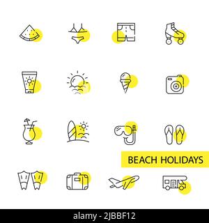 Vacances de plage amusant vacances d'été icônes ensemble. Illustration de trait de trait de pixel parfaite et modifiable Illustration de Vecteur