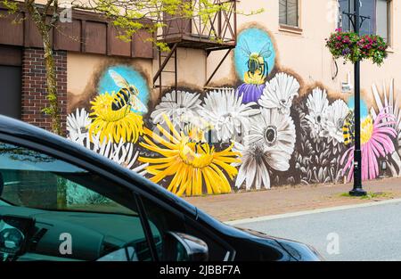 Abeille d'art de rue et fleurs sur un mur d'un bâtiment. Langley BC Canada est l'endroit idéal pour marcher dans les ruelles à la recherche de Street art-26 mai, 20 Banque D'Images