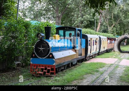 Les passagers peuvent profiter d'un trajet en train au Musée national des chemins de fer de Delhi. Banque D'Images