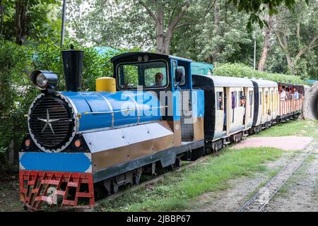 Les passagers peuvent profiter d'un trajet en train au Musée national des chemins de fer de Delhi. Banque D'Images