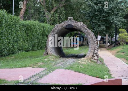 Les passagers peuvent profiter d'un trajet en train au Musée national des chemins de fer de Delhi. Banque D'Images